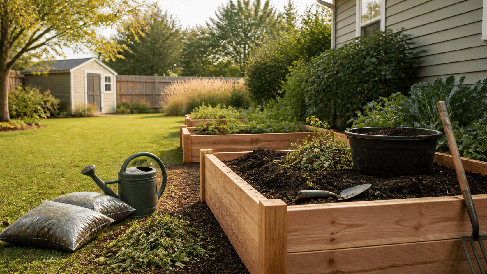 Freshly cleaned raised garden bed with compost and fall leaves nearby