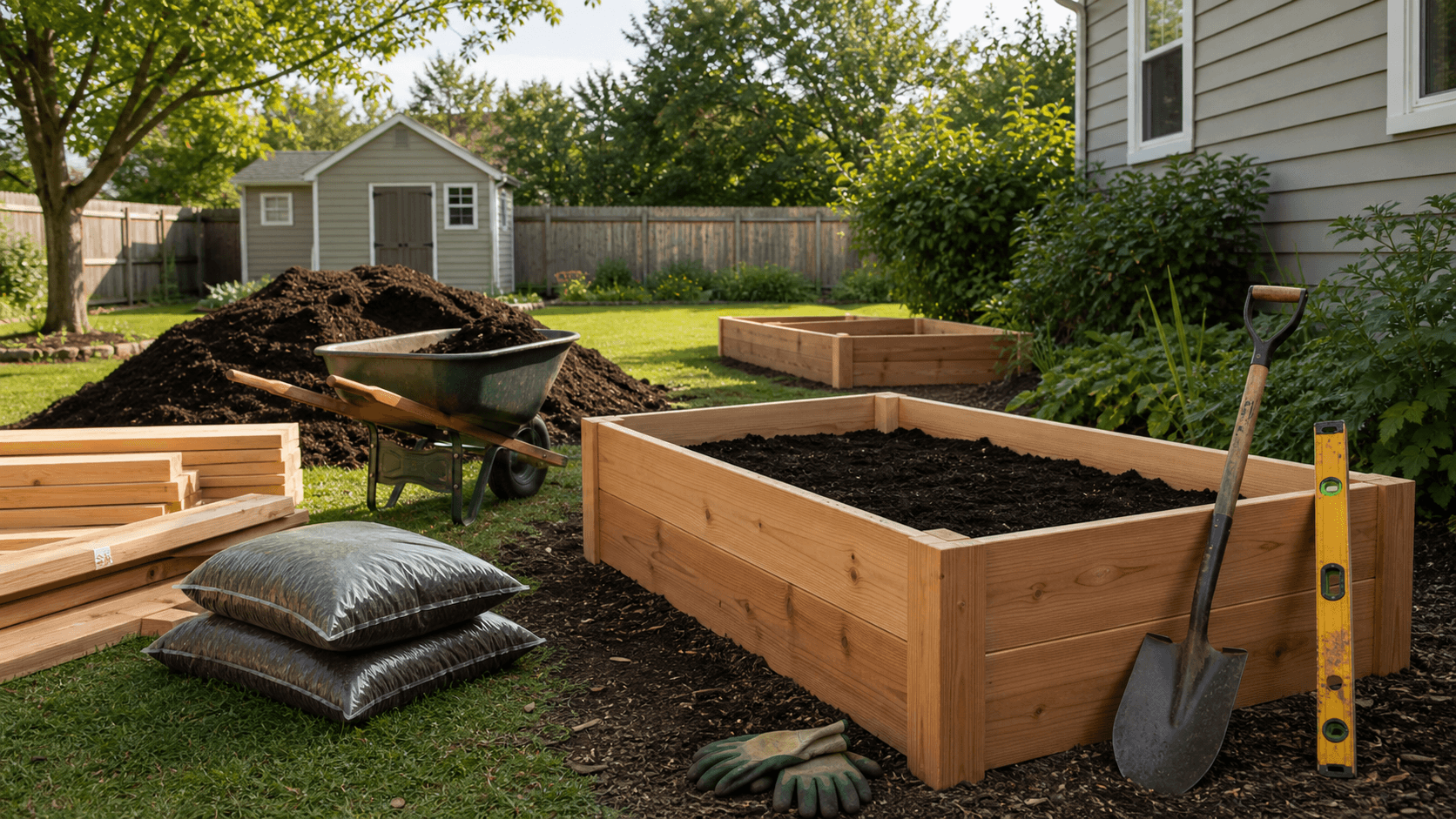 HarvestPilot process with garden planning notes, soil, compost, and raised bed tools