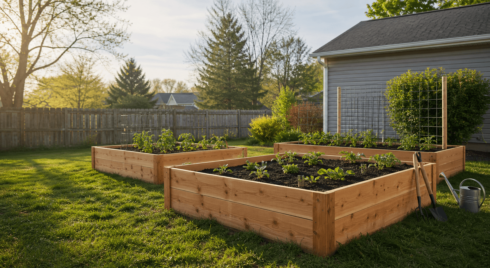 Fresh cedar raised garden beds installed in an Indiana backyard