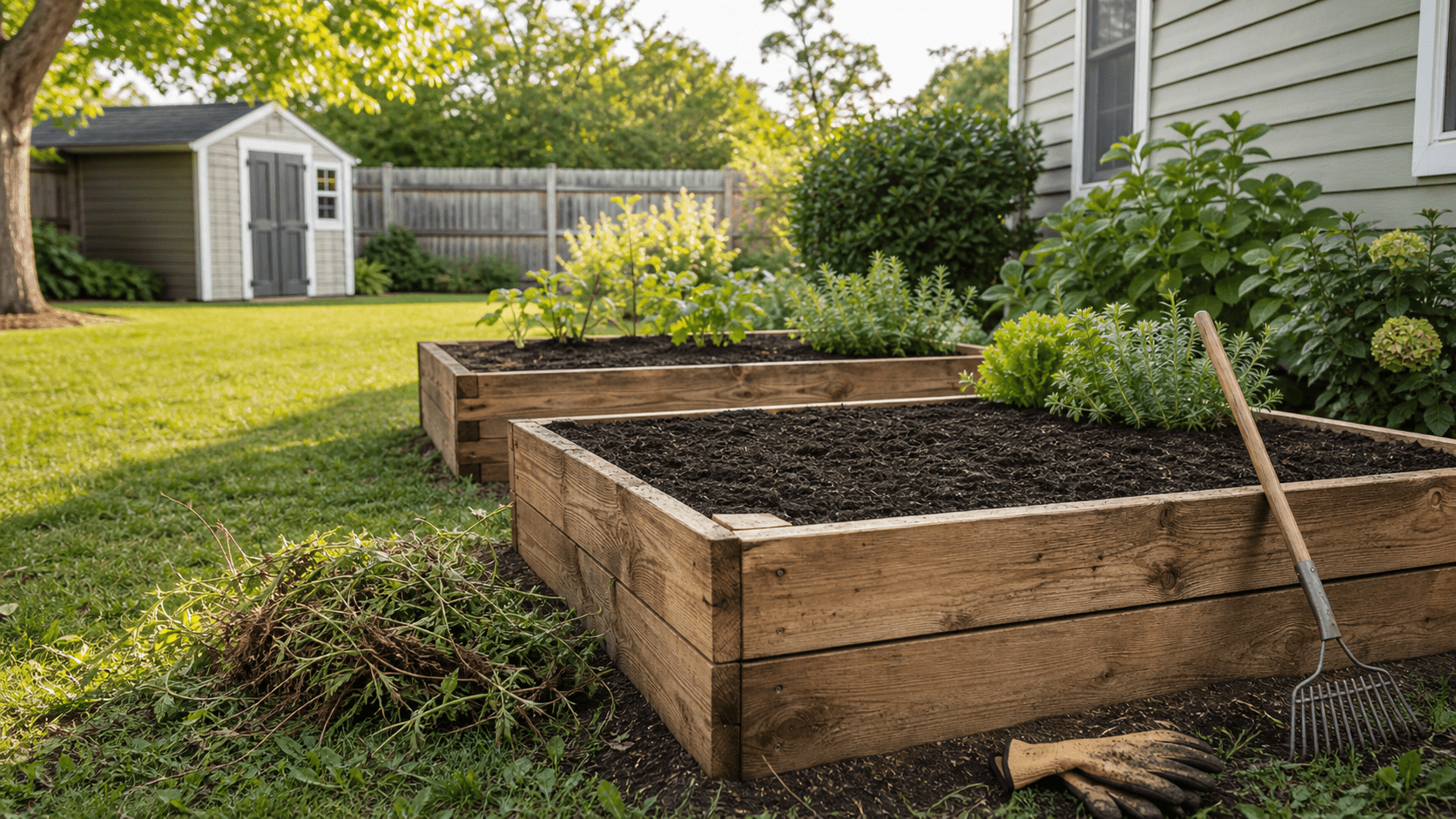 Overgrown raised bed being restored with fresh soil and hand tools