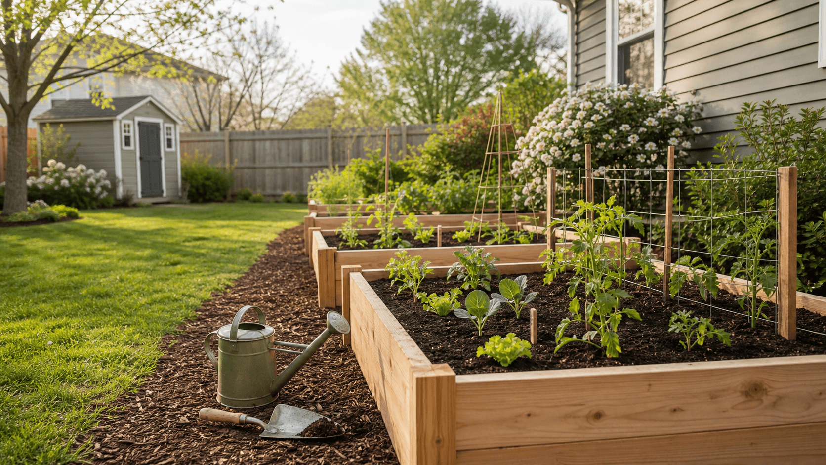 Backyard spring garden system with cedar raised beds and young vegetables